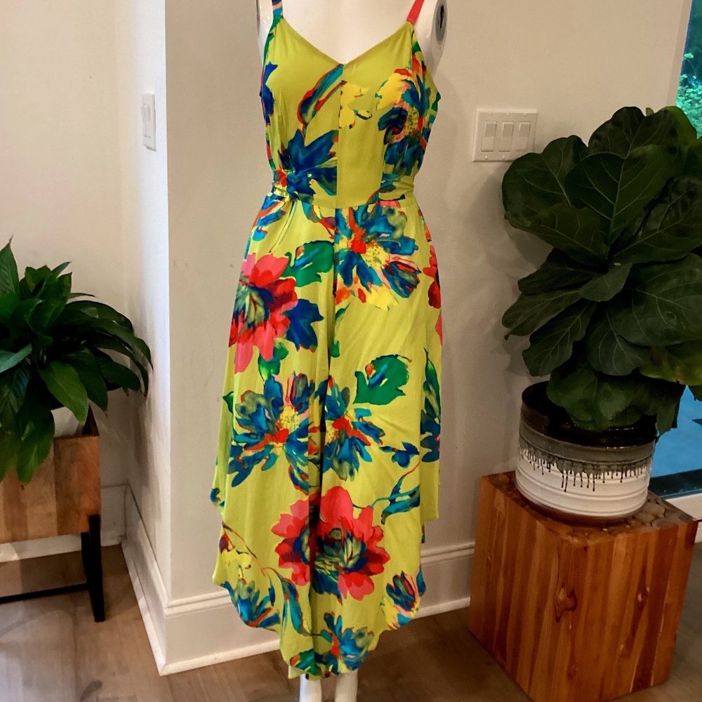 NWT MSK Womens Wide Leg Floral Romper Jumpsuit Dress Lime/ Muilticolored Sz S